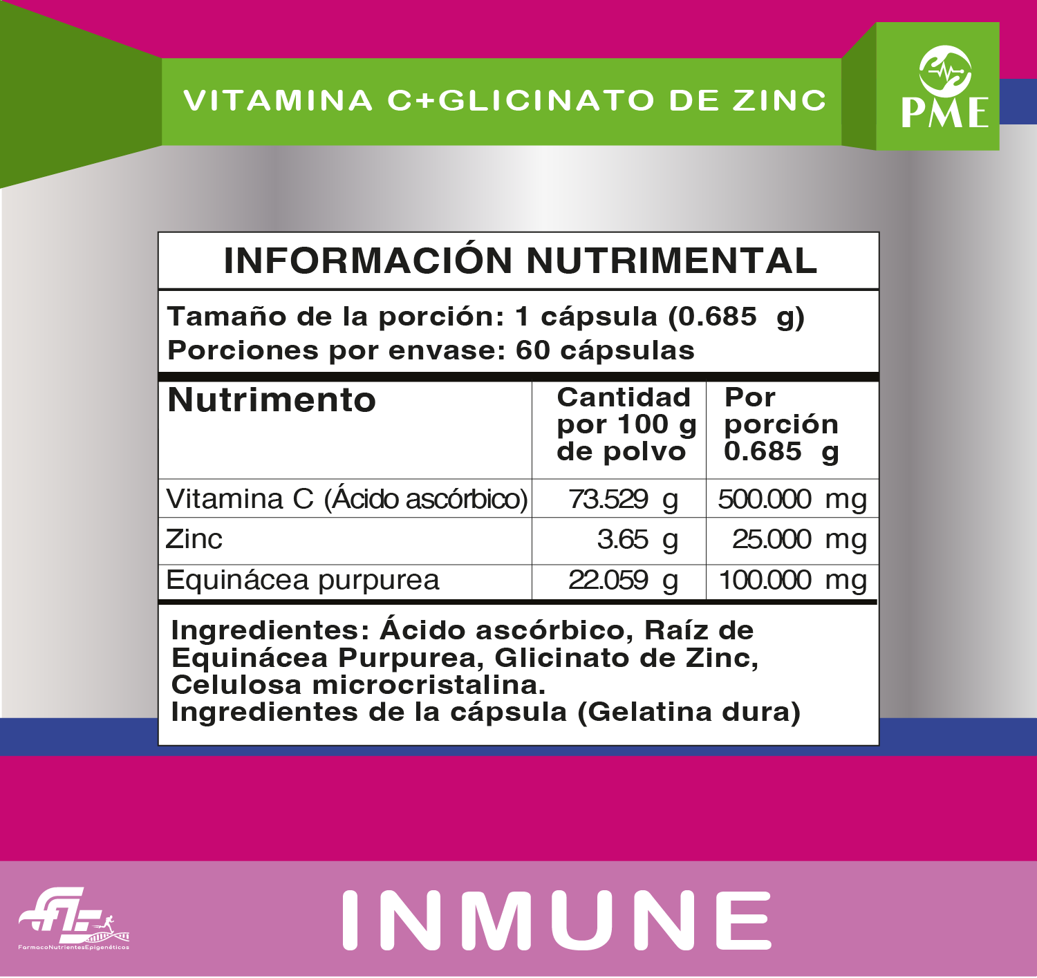 Información nutrimental de Vitamina C+Zinc