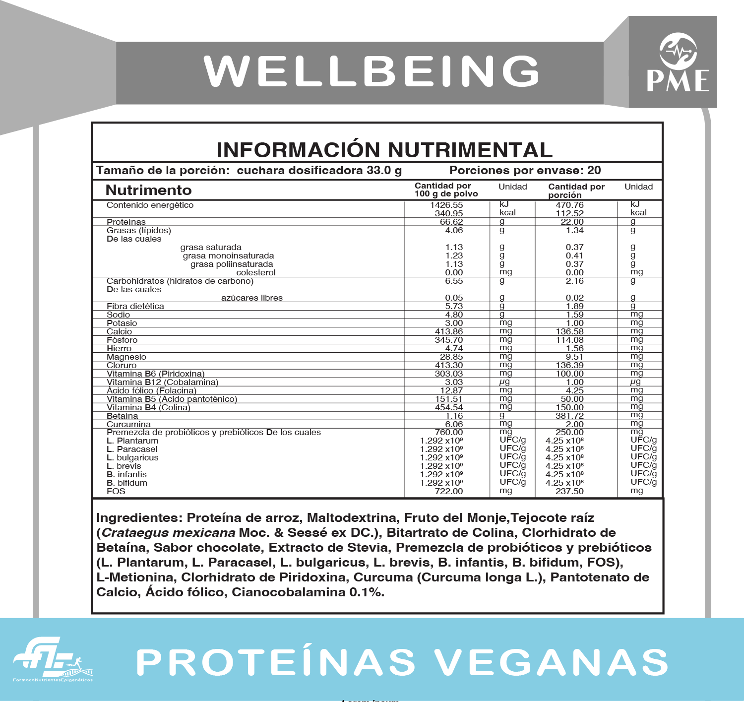 Información nutrimental de Proteína vegana Wellbeing  chocolate