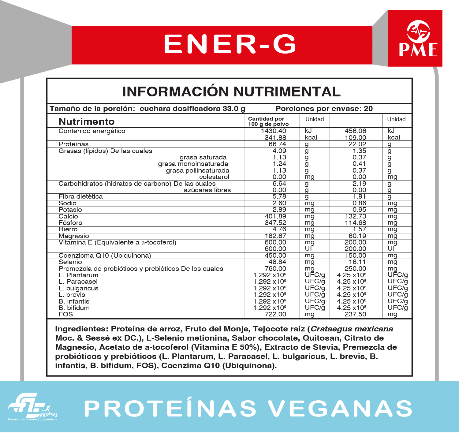 Información nutrimental de Proteína vegana EnerG chocolate